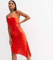 New Look Red Satin Cowl Neck Asymmetric Hem Midi Slip Dress
